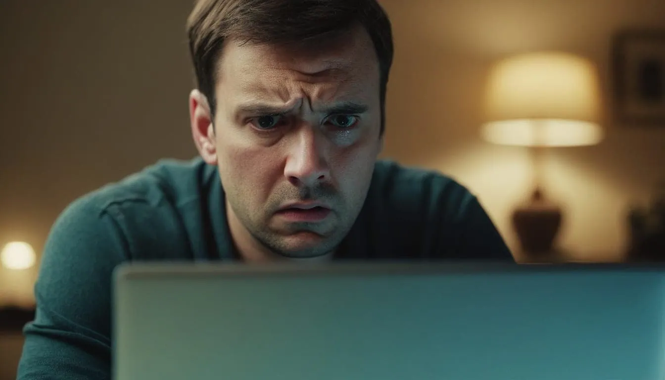 A man with a frustrated expression looking at a laptop, symbolizing the common user complaints about high costs and poor experiences on platforms like LuckyCrush.